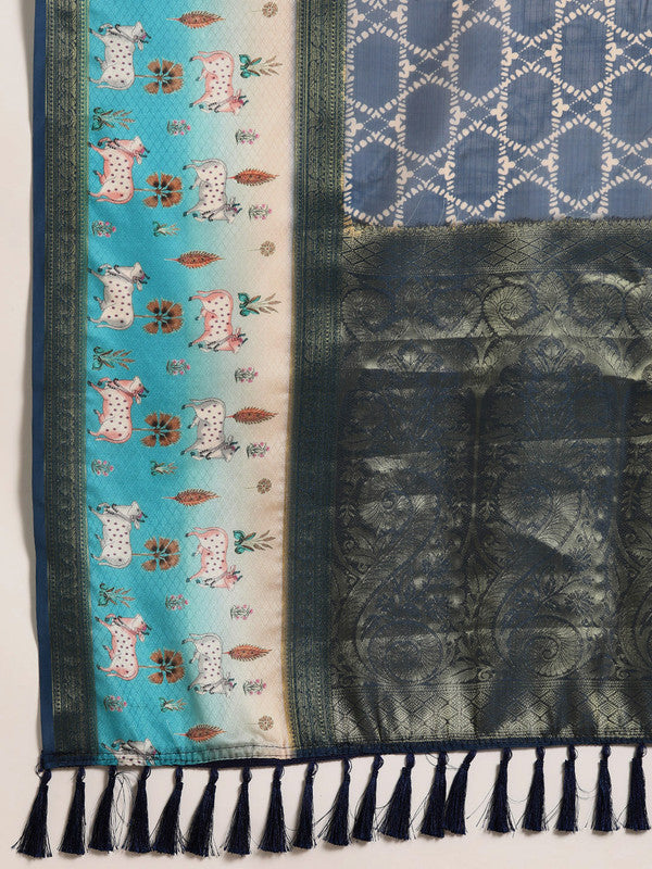 Blue Kanjeevaram Silk Digital Print Geomatric Saree with Unstitched Blouse - Hiral Fashion - Distacart