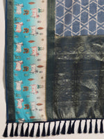 Thumbnail for Blue Kanjeevaram Silk Digital Print Geomatric Saree with Unstitched Blouse - Hiral Fashion - Distacart