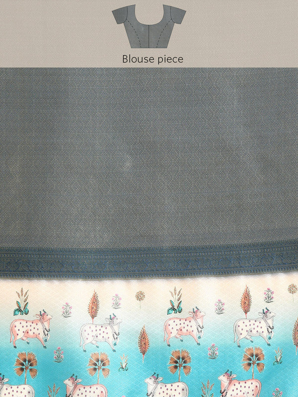 Blue Kanjeevaram Silk Digital Print Geomatric Saree with Unstitched Blouse - Hiral Fashion - Distacart