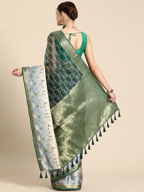 Green Kanjeevaram Silk Digital Print Geomatric Saree with Unstitched Blouse - Hiral Fashion - Distacart