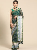 Thumbnail for Green Kanjeevaram Silk Digital Print Geomatric Saree with Unstitched Blouse - Hiral Fashion - Distacart