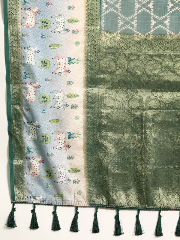 Green Kanjeevaram Silk Digital Print Geomatric Saree with Unstitched Blouse - Hiral Fashion - Distacart