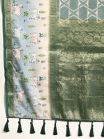 Thumbnail for Green Kanjeevaram Silk Digital Print Geomatric Saree with Unstitched Blouse - Hiral Fashion - Distacart