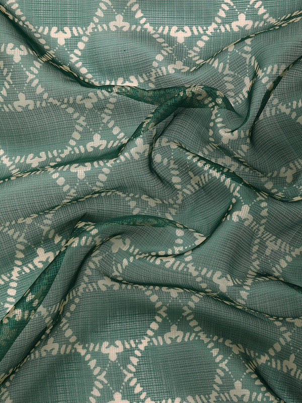 Green Kanjeevaram Silk Digital Print Geomatric Saree with Unstitched Blouse - Hiral Fashion - Distacart