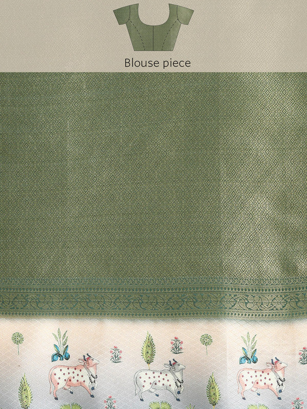 Green Kanjeevaram Silk Digital Print Geomatric Saree with Unstitched Blouse - Hiral Fashion - Distacart