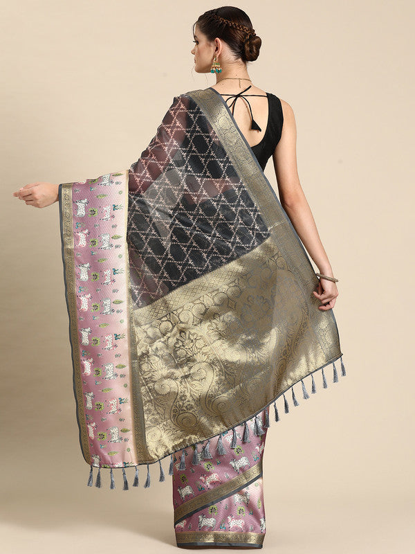 Gray Kanjeevaram Silk Digital Print Geomatric Saree with Unstitched Blouse - Hiral Fashion - Distacart