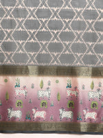 Thumbnail for Gray Kanjeevaram Silk Digital Print Geomatric Saree with Unstitched Blouse - Hiral Fashion - Distacart