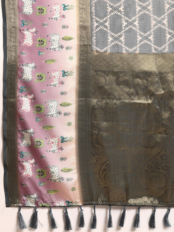 Gray Kanjeevaram Silk Digital Print Geomatric Saree with Unstitched Blouse - Hiral Fashion - Distacart