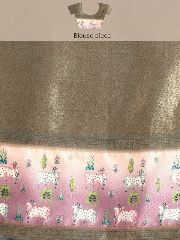 Gray Kanjeevaram Silk Digital Print Geomatric Saree with Unstitched Blouse - Hiral Fashion - Distacart