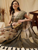 Thumbnail for Beige Tissue Silk Digital Print Floral Saree with Unstitched Blouse - Hiral Fashion - Distacart