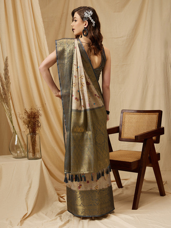 Beige Tissue Silk Digital Print Floral Saree with Unstitched Blouse - Hiral Fashion - Distacart