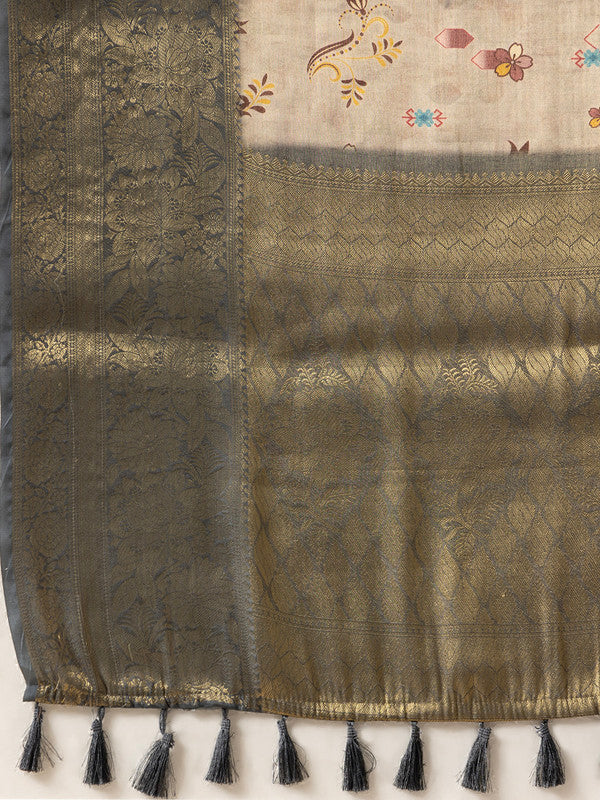 Beige Tissue Silk Digital Print Floral Saree with Unstitched Blouse - Hiral Fashion - Distacart