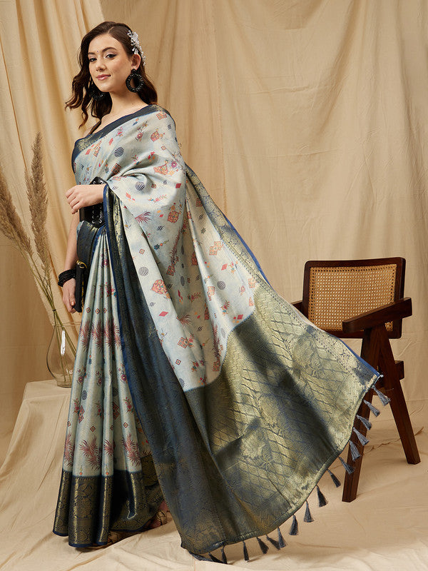 Gray Tissue Silk Digital Print Floral Saree with Unstitched Blouse - Hiral Fashion - Distacart