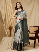 Thumbnail for Gray Tissue Silk Digital Print Floral Saree with Unstitched Blouse - Hiral Fashion - Distacart