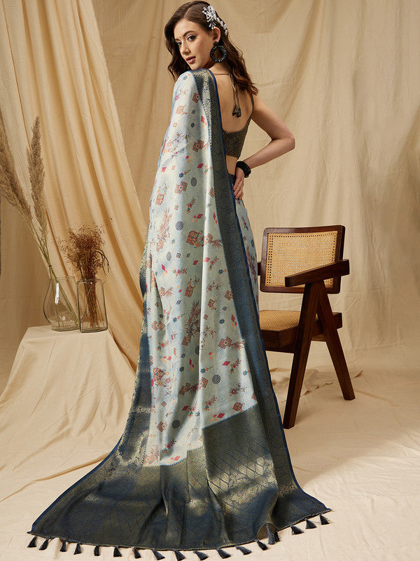 Gray Tissue Silk Digital Print Floral Saree with Unstitched Blouse - Hiral Fashion - Distacart