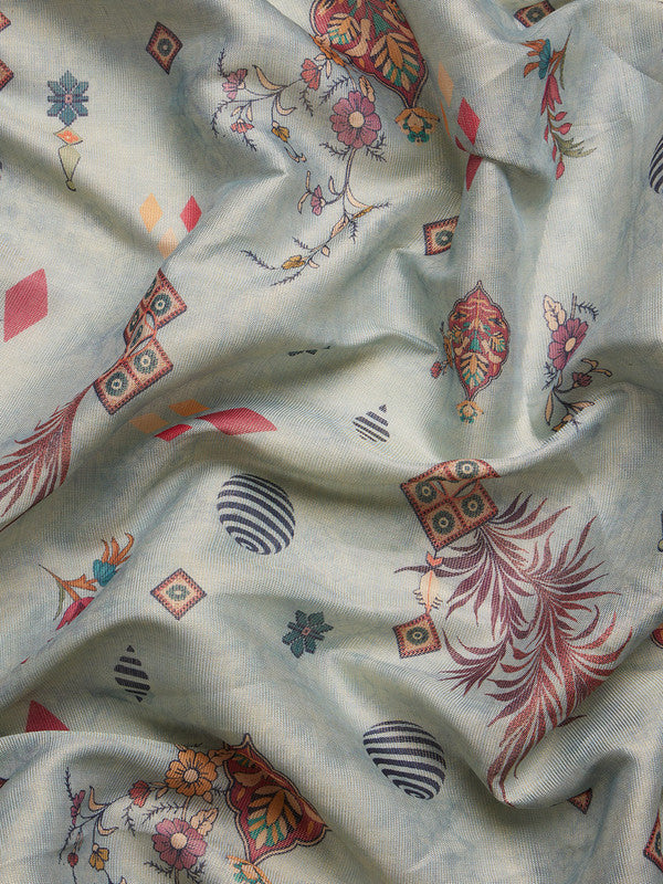 Gray Tissue Silk Digital Print Floral Saree with Unstitched Blouse - Hiral Fashion - Distacart