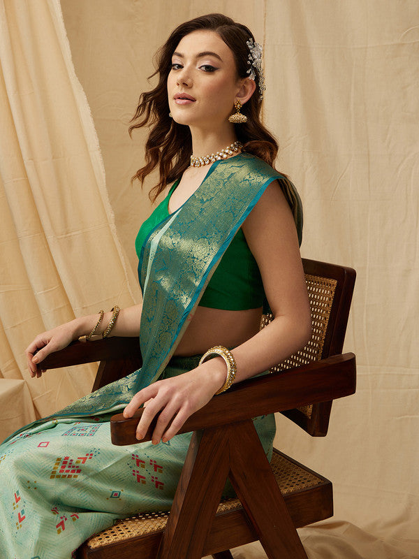 Turquoise Tissue Silk Digital Print Geomatric Saree with Unstitched Blouse - Hiral Fashion - Distacart