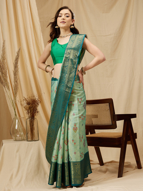 Turquoise Tissue Silk Digital Print Geomatric Saree with Unstitched Blouse - Hiral Fashion - Distacart