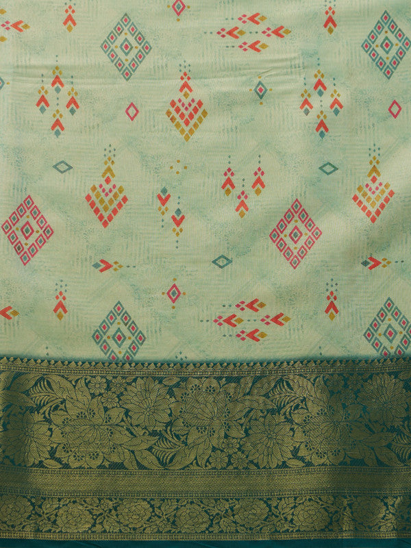 Turquoise Tissue Silk Digital Print Geomatric Saree with Unstitched Blouse - Hiral Fashion - Distacart