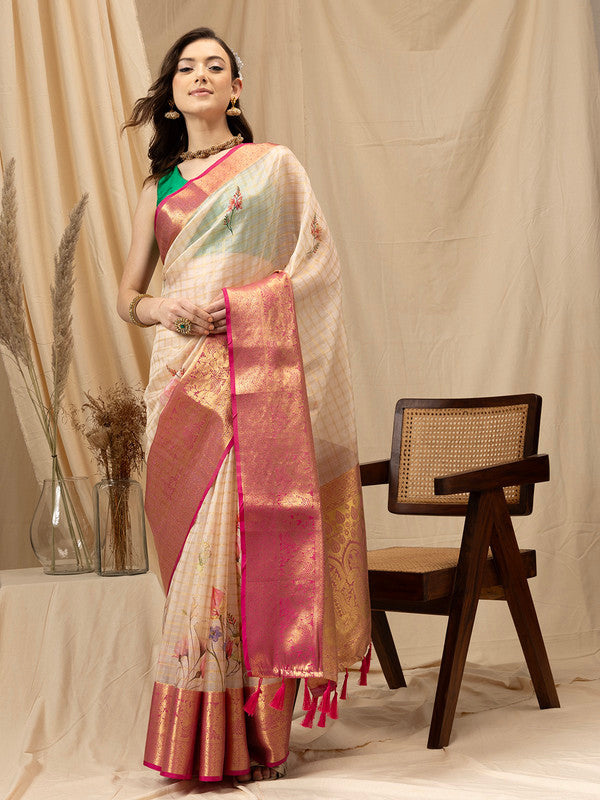 Beige Munga Silk Digital Print Floral Saree with Unstitched Blouse - Hiral Fashion - Distacart