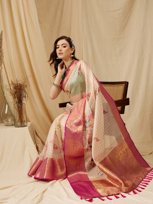Beige Munga Silk Digital Print Floral Saree with Unstitched Blouse - Hiral Fashion - Distacart