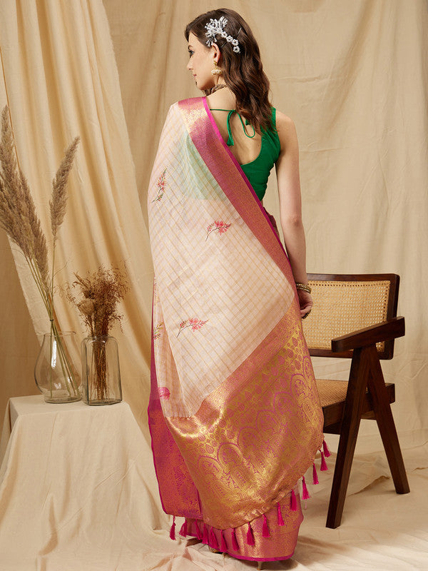 Beige Munga Silk Digital Print Floral Saree with Unstitched Blouse - Hiral Fashion - Distacart