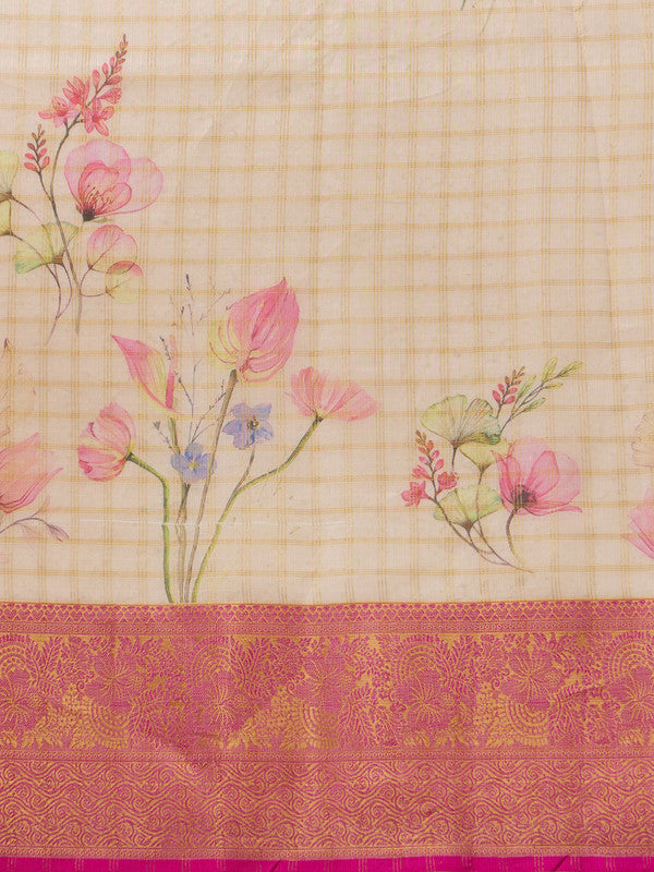 Beige Munga Silk Digital Print Floral Saree with Unstitched Blouse - Hiral Fashion - Distacart
