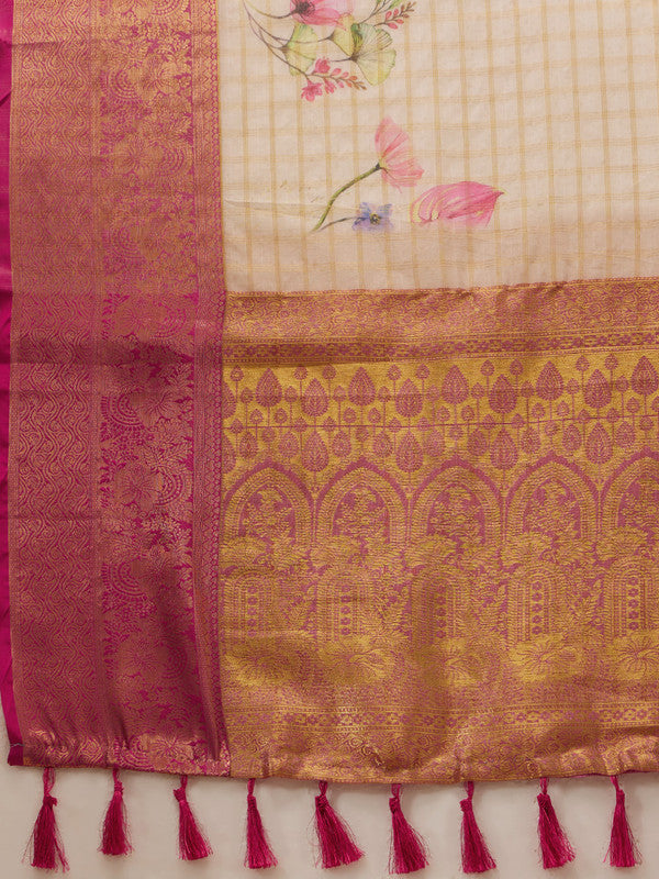 Beige Munga Silk Digital Print Floral Saree with Unstitched Blouse - Hiral Fashion - Distacart