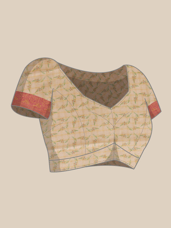Beige Munga Silk Digital Print Floral Saree with Unstitched Blouse - Hiral Fashion - Distacart