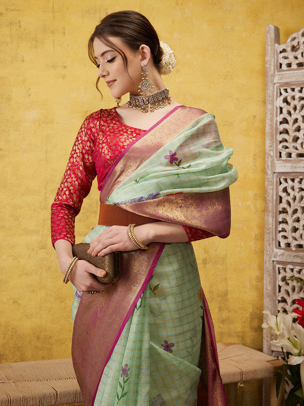 Green Munga Silk Digital Print Floral Saree with Unstitched Blouse - Hiral Fashion - Distacart