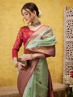 Thumbnail for Green Munga Silk Digital Print Floral Saree with Unstitched Blouse - Hiral Fashion - Distacart