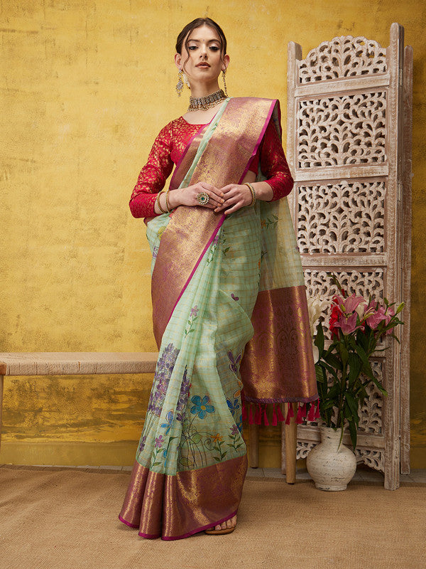 Green Munga Silk Digital Print Floral Saree with Unstitched Blouse - Hiral Fashion - Distacart