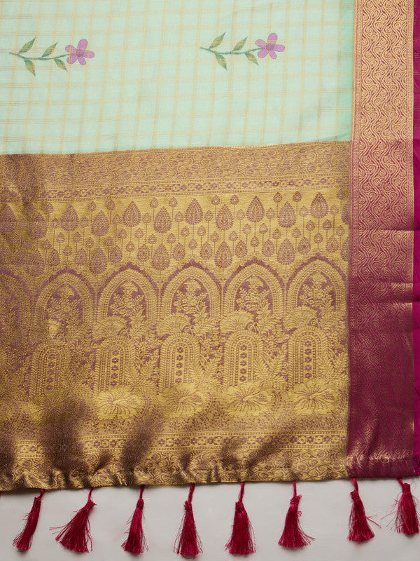 Green Munga Silk Digital Print Floral Saree with Unstitched Blouse - Hiral Fashion - Distacart