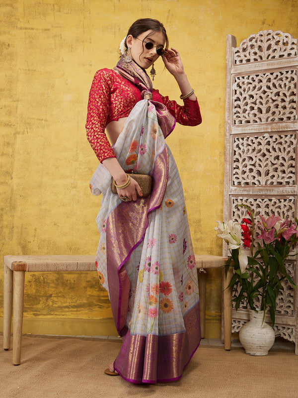 Lavender Munga Silk Digital Print Floral Saree with Unstitched Blouse - Hiral Fashion - Distacart