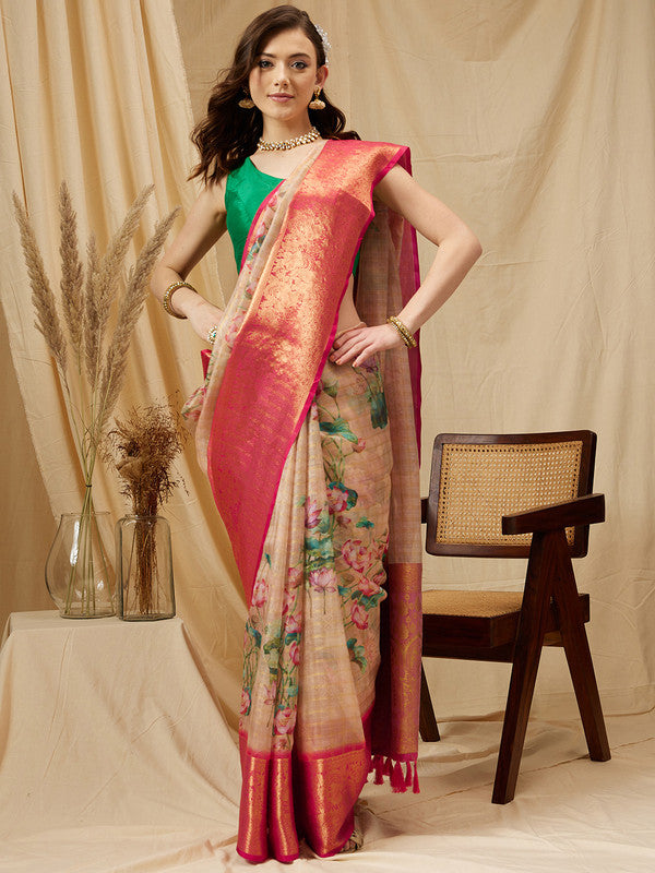 Peach Munga Silk Digital Print Floral Saree with Unstitched Blouse - Hiral Fashion - Distacart