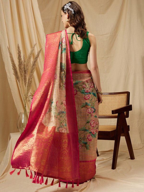 Peach Munga Silk Digital Print Floral Saree with Unstitched Blouse - Hiral Fashion - Distacart