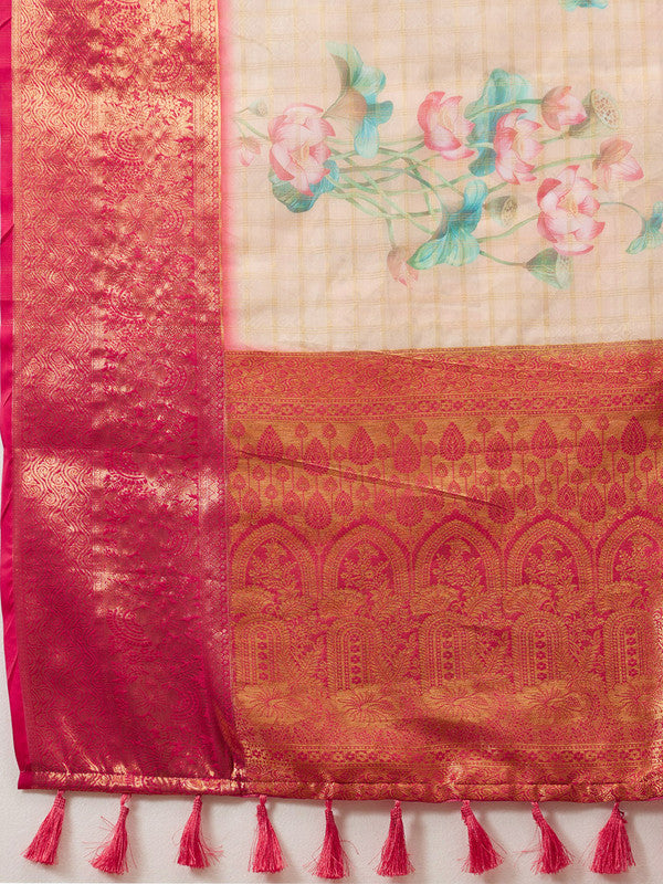 Peach Munga Silk Digital Print Floral Saree with Unstitched Blouse - Hiral Fashion - Distacart