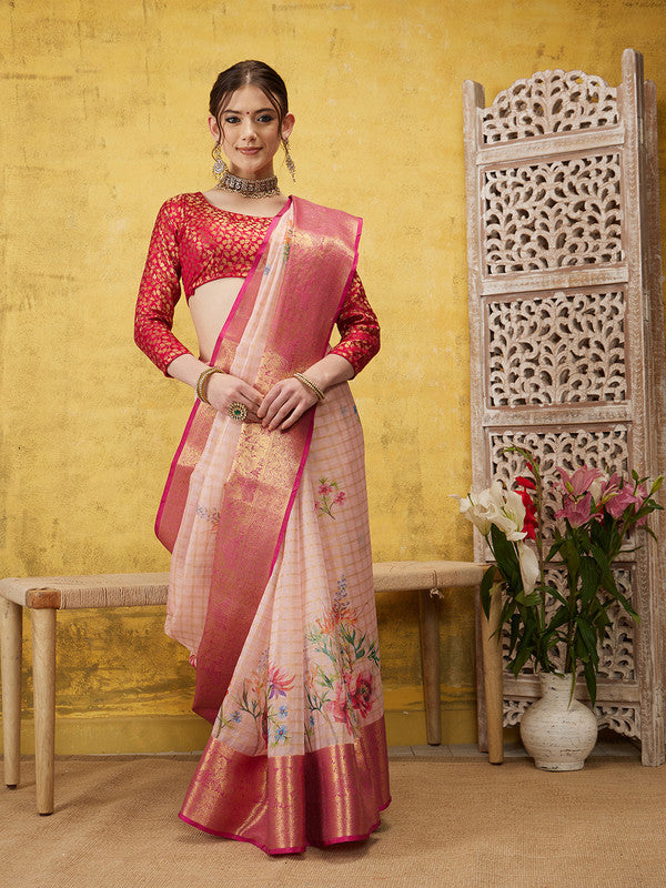 Pink Munga Silk Digital Print Floral Saree with Unstitched Blouse - Hiral Fashion - Distacart