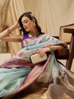 Thumbnail for Sky Blue Munga Silk Digital Print Floral Saree with Unstitched Blouse - Hiral Fashion - Distacart