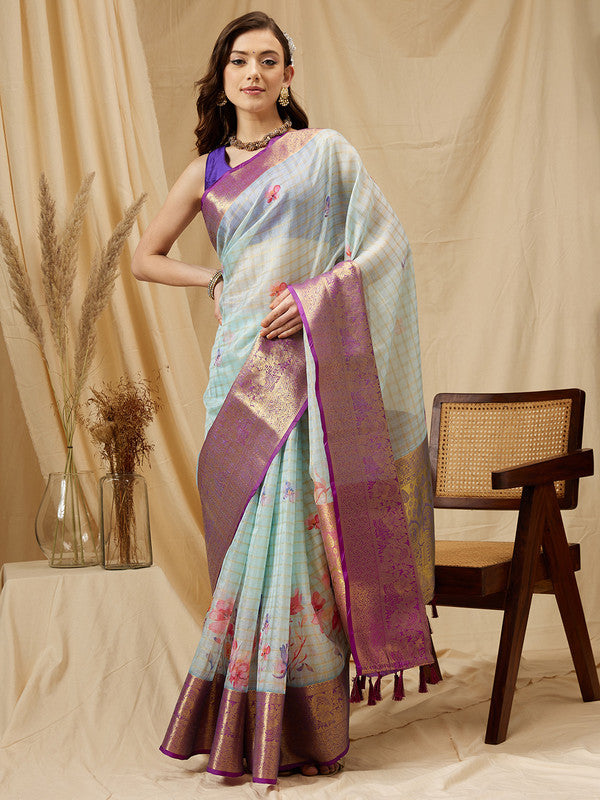 Sky Blue Munga Silk Digital Print Floral Saree with Unstitched Blouse - Hiral Fashion - Distacart