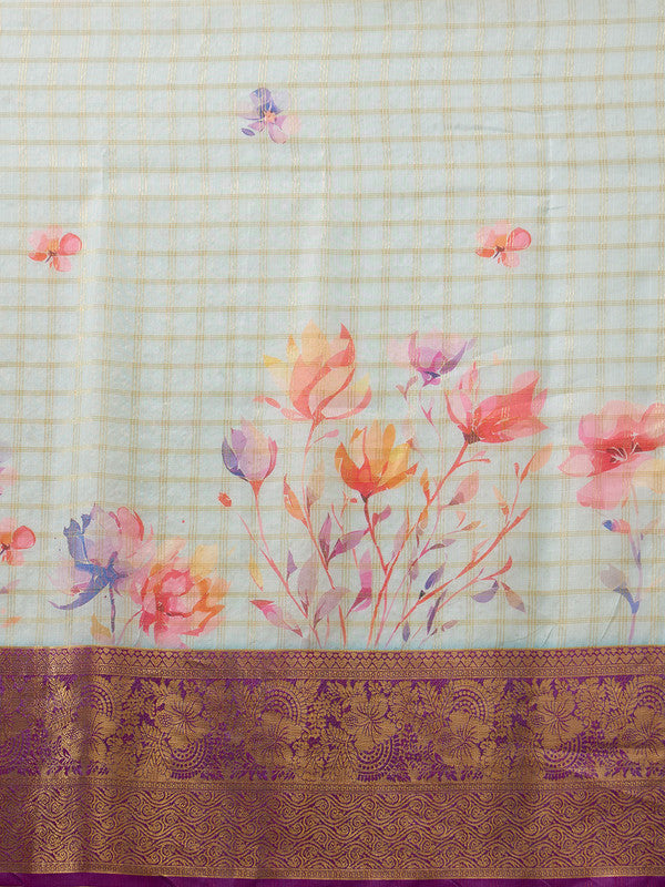 Sky Blue Munga Silk Digital Print Floral Saree with Unstitched Blouse - Hiral Fashion - Distacart