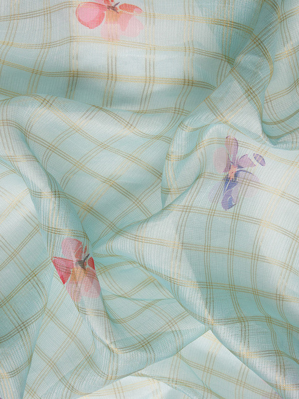 Sky Blue Munga Silk Digital Print Floral Saree with Unstitched Blouse - Hiral Fashion - Distacart