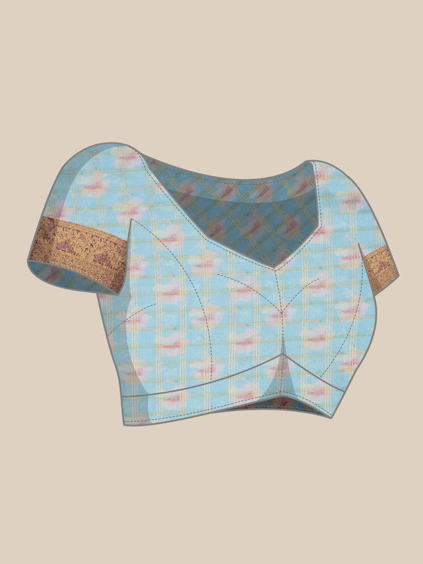 Sky Blue Munga Silk Digital Print Floral Saree with Unstitched Blouse - Hiral Fashion - Distacart