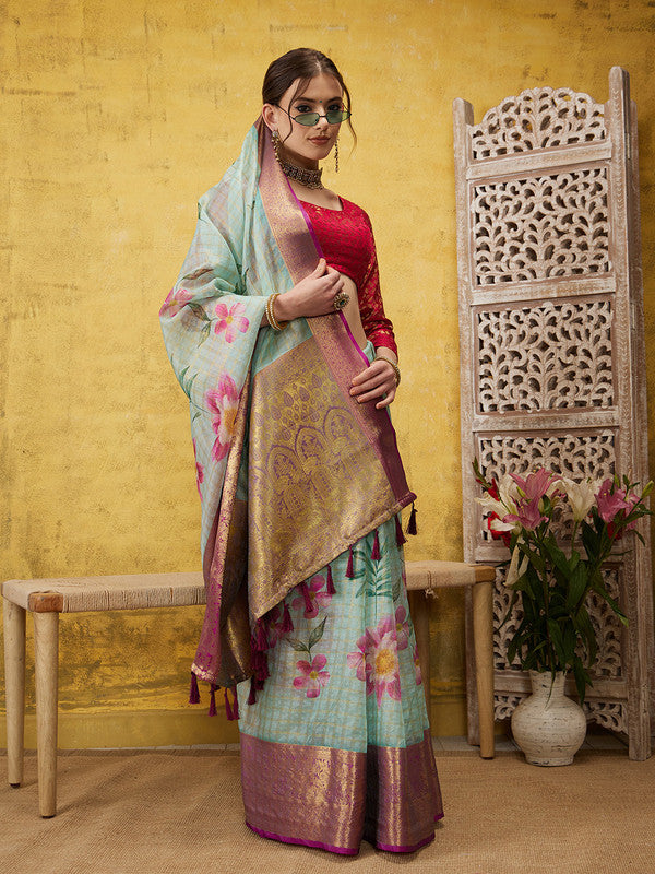Turquoise Munga Silk Digital Print Floral Saree with Unstitched Blouse - Hiral Fashion - Distacart