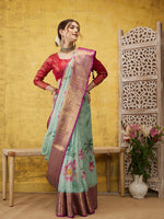Thumbnail for Turquoise Munga Silk Digital Print Floral Saree with Unstitched Blouse - Hiral Fashion - Distacart