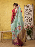 Thumbnail for Turquoise Munga Silk Digital Print Floral Saree with Unstitched Blouse - Hiral Fashion - Distacart