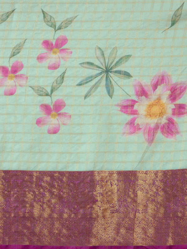 Turquoise Munga Silk Digital Print Floral Saree with Unstitched Blouse - Hiral Fashion - Distacart