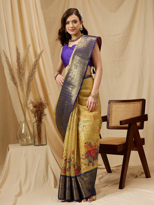 Yellow Munga Silk Digital Print Floral Saree with Unstitched Blouse - Hiral Fashion - Distacart