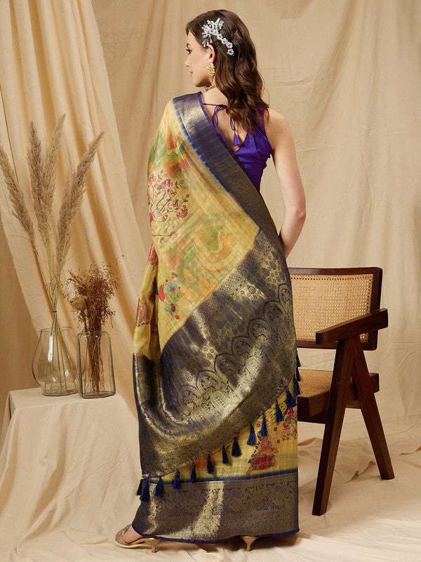 Yellow Munga Silk Digital Print Floral Saree with Unstitched Blouse - Hiral Fashion - Distacart
