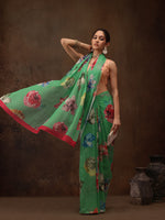 Thumbnail for Green Chiffon Digital Print Floral Saree with Unstitched Blouse - Hiral Fashion - Distacart